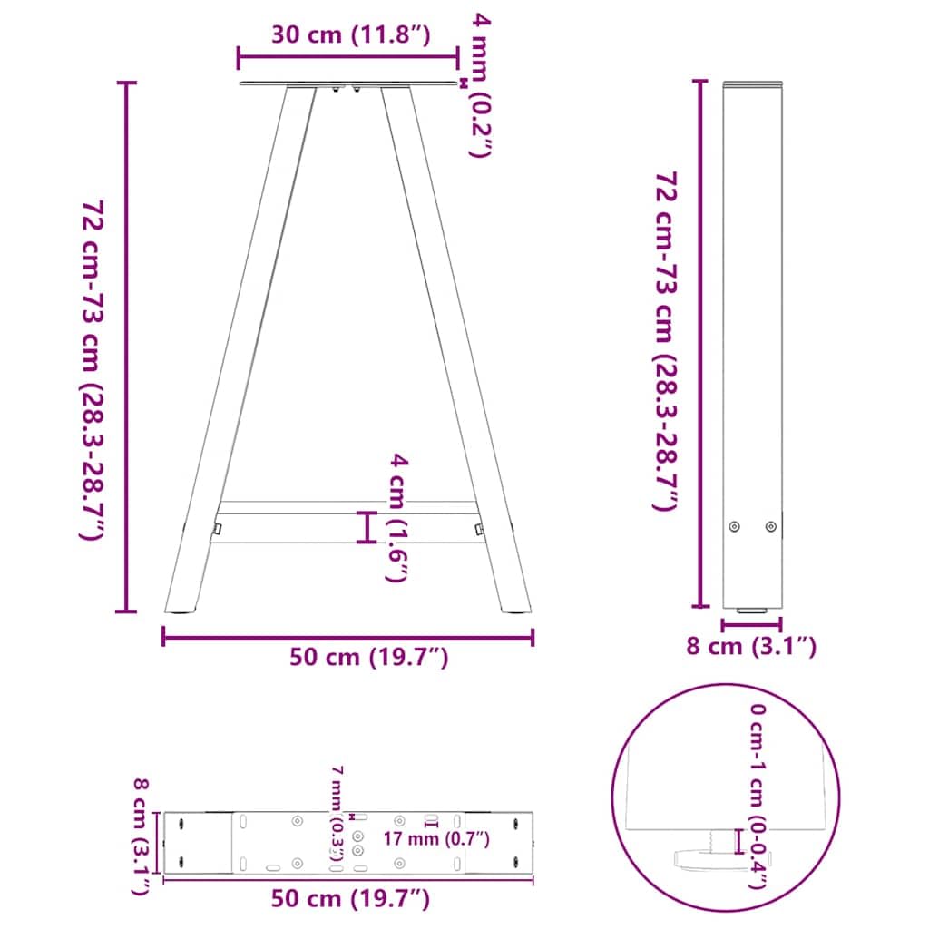 Patas de mesa de comedor en forma de A, 2 unidades, acero con recubrimiento en polvo, 50 x 72 – 73 cm, altura regulable, con protectores de suelo antideslizantes, para manualidades, mesa de
