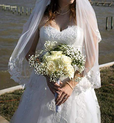 Miniatura 3 de Ursumy Velo de encaje de boda velos cortos de cintura brillante 2 niveles velos de novia de tul suave con peine (blanco)