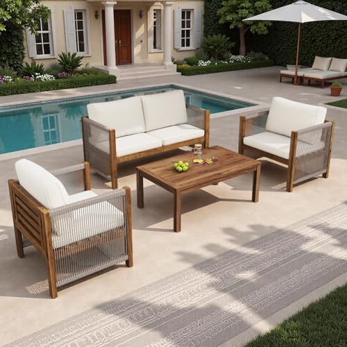 Sapgaks Ensemble de Salon de Jardin extérieur 4 Personnes avec Coussins Confortables,canapé 2 Places + 2 fauteuils + Table,Acacia,Beige