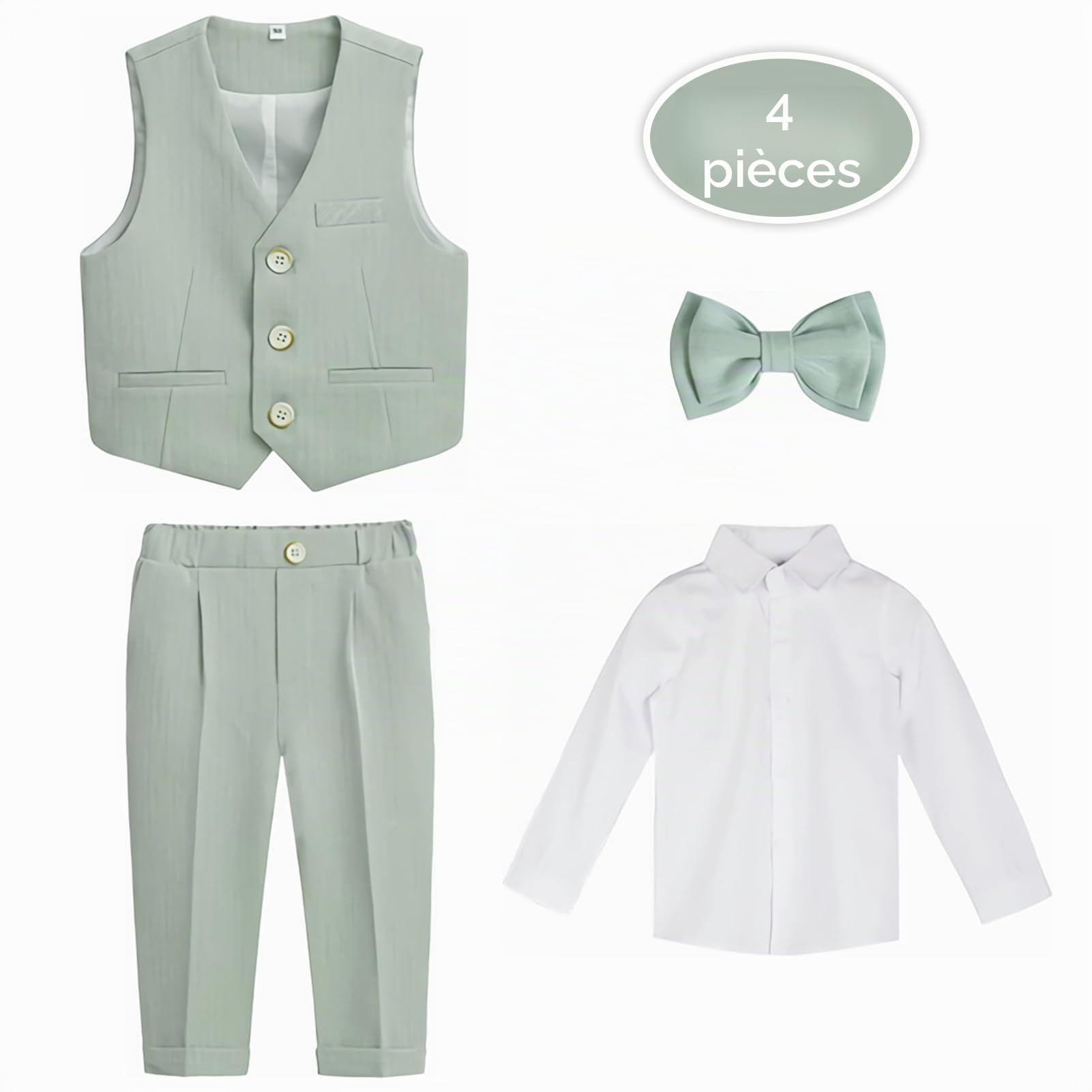 Costume Mariage Garcon Mode Gilet + Chemise + Pantalon + Nœud Papillon Ensemble Bapteme Enfant Vetement Ceremonie