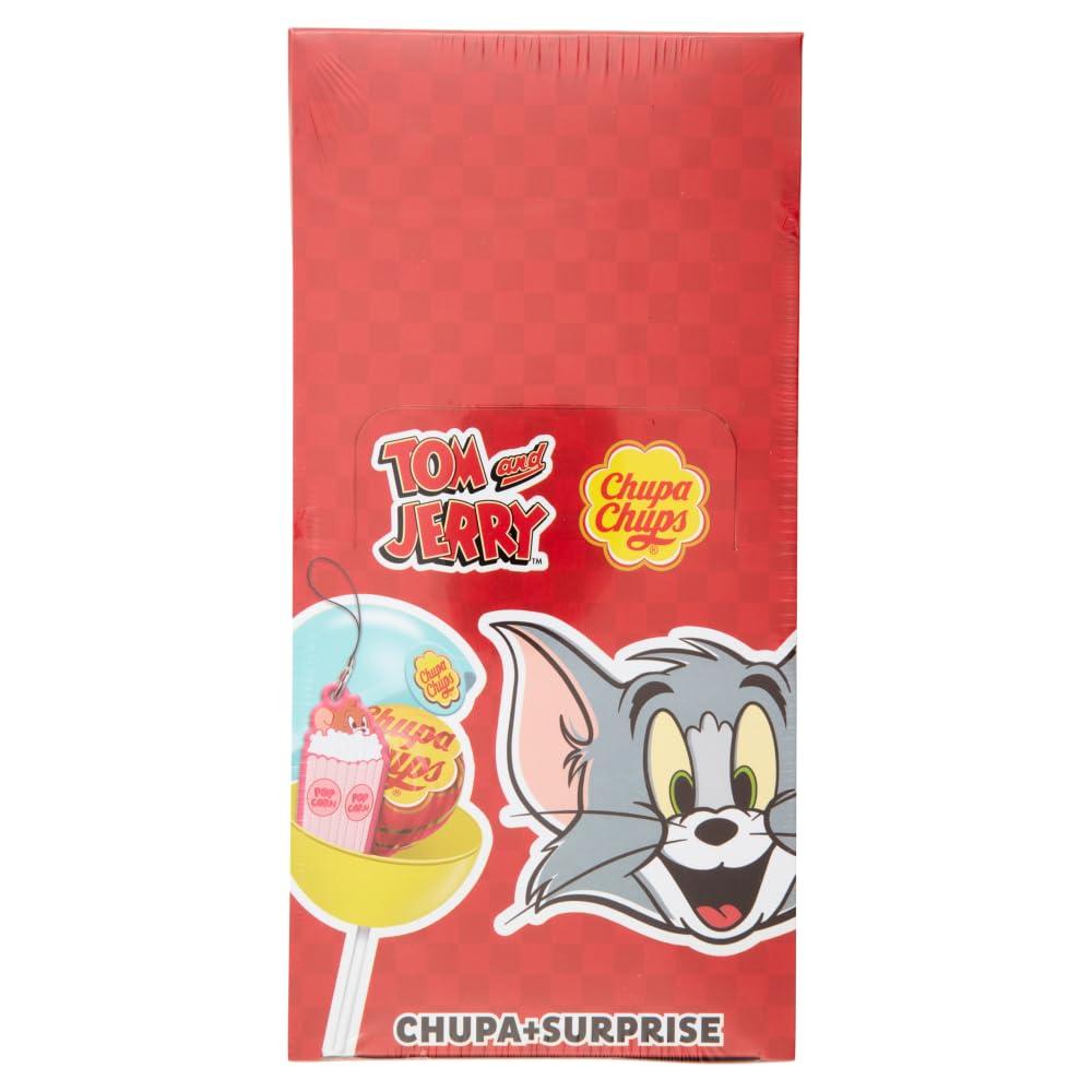 Chupa Chups Surprise Tom&Jerry, 16 Lollipop, Gusto Fragola, 10 Sorprese Tom & Jerry da Collezionare e Scambiare con i tuoi Amici Lecca Lecca Monoporzioni, Ottime come Idea Regalo