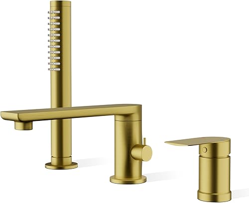 Grifo de bañera romano moderno con boquilla giratoria de 360, grifo de bañera de montaje en cubierta con ducha de mano, grifo de llenado de bañera