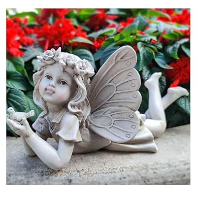 MeritMode Fairy Flower Garden Outdoor Statue - Angel Holding Bird and Butterfly, 11" Width, Cherub Decor and Grandma Gifts, Patio and Yard
