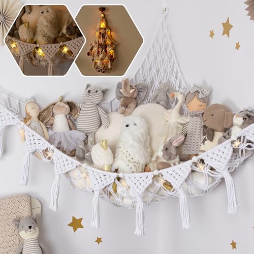Image of TIDYTEDS Snow White Macrame DreamLights Boho Stuffed Animal Storage Net (Extra Large) and Hammock for Small Plushies - Pure Cotton