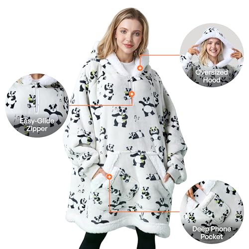 Image of Giggling Getup Wearable Blanket Hoodie for Adults Gifts for Teen Girls Sister Women Sherpa Fleece Printed Hooded Blanket Sweatshirt Warm Cozy with Pocket & Sleeves Grey Panda