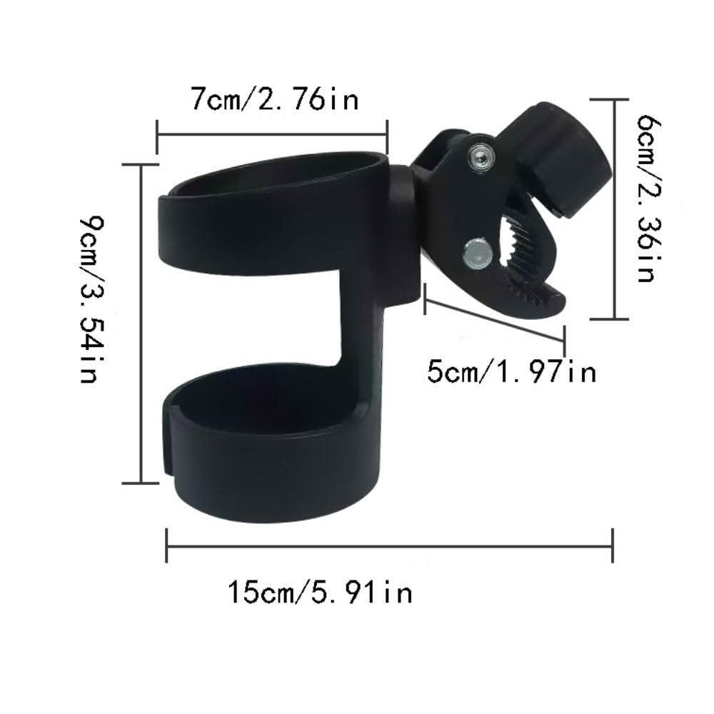 Portabicchier per Passeggino Universale, Antiscivolo, Rotazione a 360°, Portabottiglie per Biciclette, Carrellini, Deambulatori e Sedie a Rotelle (Nero)