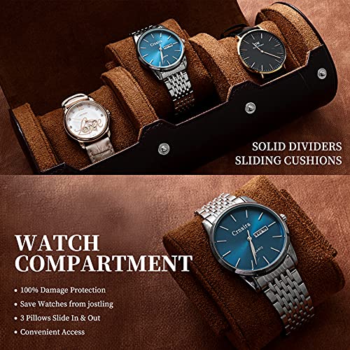 Lefor·z Watch Roll Travel Case Watch Box Organizer For Men With 3 Slots Watch Display Storage Portable Watch Rolls Pu Leather Cases (Brown) #TOP3