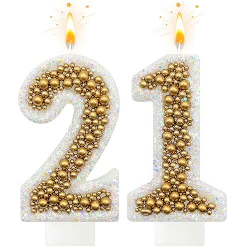 NHJINX 21 Birthday Number Candle for Cake Glitter Number Candle with Gold Beads Decorative Cake Topper for Milestone Celebrations