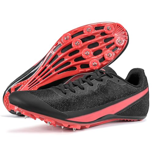 Zakey Mens Track and Field Shoes Women Kids Professional Spikes Racing Sneakers Girls Light Weight Running Nail Spikes Shoes Boys (BlackRed,12)