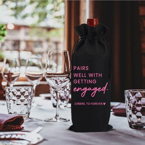 Image of Engaged Engagement Gifts for Couples Her Engagement Party Decorations | Engaged Wine Bag for Couple Women Pairs Well with Getting Engaged Wine Accessory Sets Black