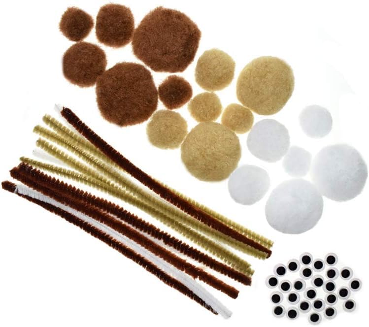 Animal Crafts Kit - Neutral Brown, Tan, White Pom Poms, Pipe Cleaners, Googly Eyes