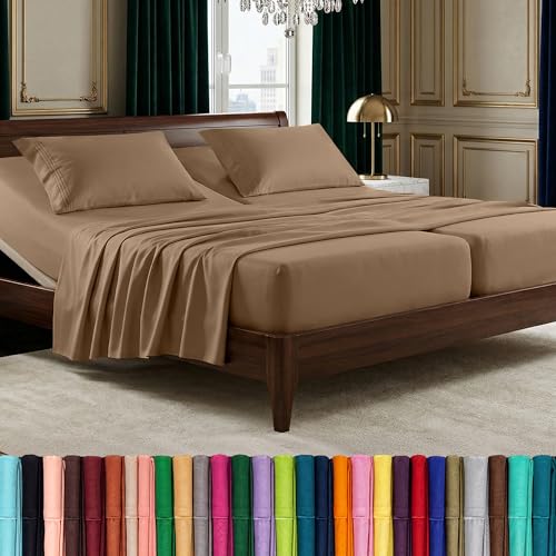 Image of Elegant Comfort Luxurious 1500 Premium Hotel Quality Microfiber Three Line Embroidered Softest 5-Piece Bed Sheet Set, Wrinkle and Fade Resistant, Split King, Taupe