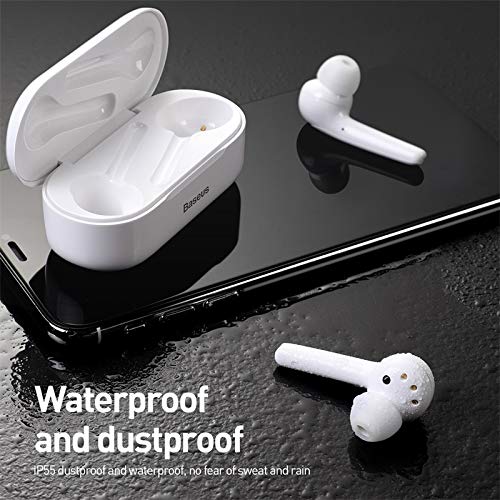 A Baseus W07 earphone and its charging case on a wet surface, with water droplets visible on the earphone. Text reads 'Waterproof and dustproof IP55 dustproof and waterproof, no fear of sweat and rain'.
