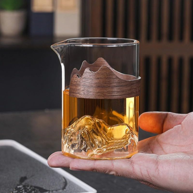 Ash & Roh® 350 ml Mountain Design Glass, Heat-Resistant with Removable Wooden Sleeve, Durable Clear Drinkware for Hot & Cold Beverages, Perfect for Barista & Home Use (Pack of 2) 4