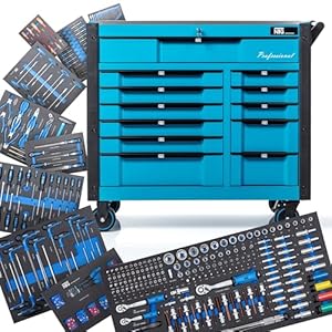 Carro de herramientas XXL equipado con herramientas | 457 piezas | +12 cajones con cerradura | 10 con herramientas | con incrustaciones flexibles de óptica de carbono | Carro de taller Caja de