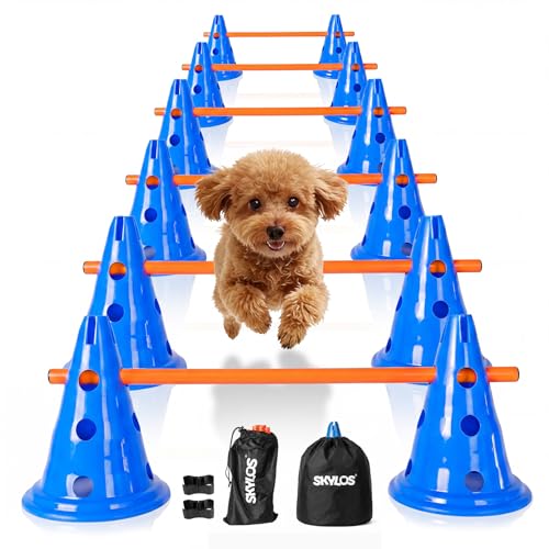 Skylos Dog Agility Equipment Set Dog Jump Training Kit - 12 x Cones 12 x Agility Rods with Storage Bag Six-Piece Adjustable Height Jumping Obstacles Cavaletti Poles