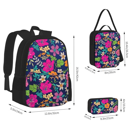 Flowers Print 3 Piece Set Backpack, Lunch Bag, Pencil Case, Cute Sturdy For College And Travel4