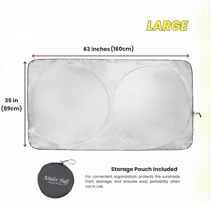 Kinder Fluff Windshield Sunshade | Reflective Patented Car Sun Protection - Certified 99% UVR Block -Cool Interior | Foldable Sun Visor Cover | Automotive Accessories for Summer Heat |Size L 160x89cm