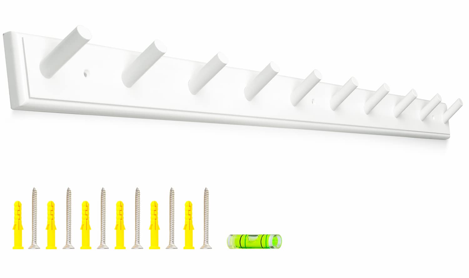 10 hook coat rack wall mounted, long 38 inches wooden wall coat hanger with 10 pegs, 16'' hole to hole wall coat hooks for hanging towels, hats, backpacks, clothing, caps (white