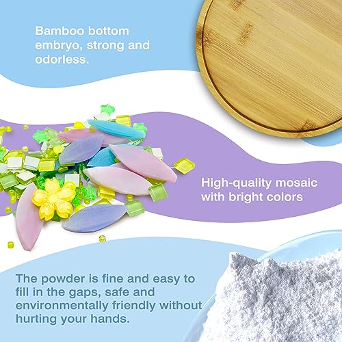 Glass Mosaic Tiles, Mosaic Kit with 6.1 inch Bamboo Coaster, Crafts for Adults Mixed Colors Mosaic Kit Mosaic Crafts Materials Package Mosaic Supplies for Coaster Handmade Home Decor Gifts (Round1)