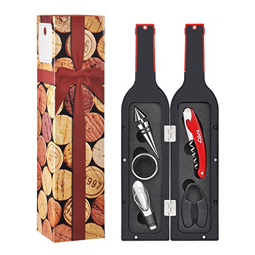 Wine Bottle Accessories Gift Set - Wine Opener Kit Corkscrew Screwpull, Stopper, Aerator Pourer, Foil Cutter, Drip Ring with Drink Stickers by Kato, Great Valentine