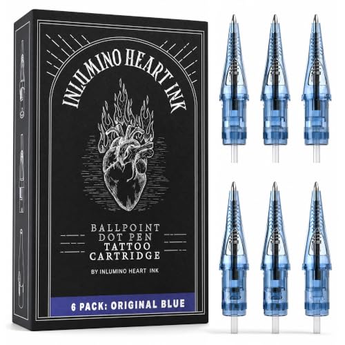 Inlumino Heart Ink Ballpoint Pen Cartridges Original Blue Ink (6-Pack) Tattoo Practice Cartridges for Rotary Tattoo Machines Oil-Based Ink for Creating Flash Art Fake Skin Alternative