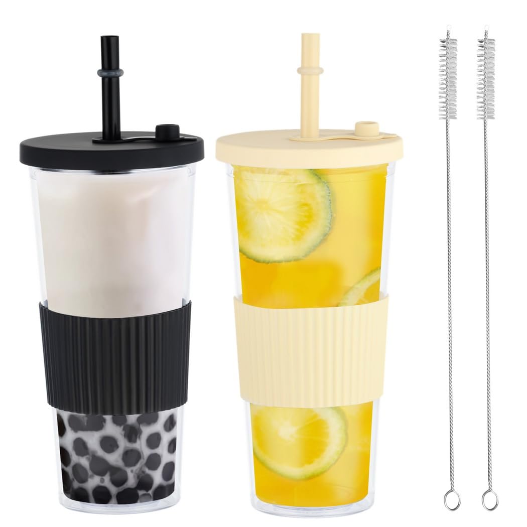 2 eleganti bicchieri in plastica con cannuccia, tazza da tè in plastica sicura per uso alimentare, per tutte le età, perfetta per uso familiare e campeggio