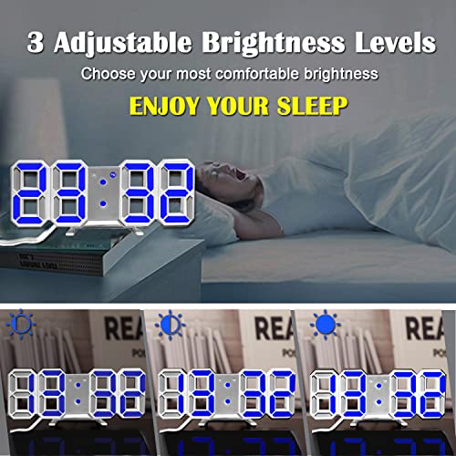 Eaagd Digital Alarm Clock, 3D Led Electronic Clocks, Snooze Model, 3 Adjustable Brightness, Wall Clock For Office Table Bedroom Nightstand (White/Blue) #TOP4