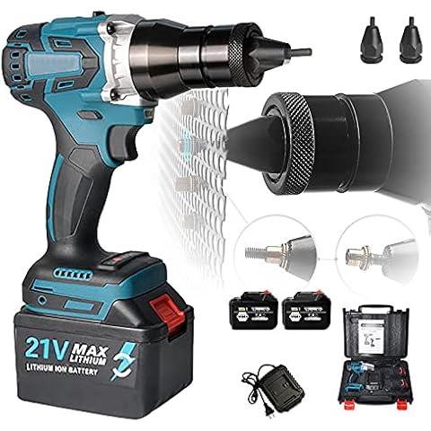 RYUNQ Electric Rivet Gun Automatic, Cordless Riveter Rivet Nut Tool Kit, 3Ah Battery x 2, Portable Electric Rivet Gun Kits, M6 M8 Riveting Pull Head, Rivet Gun Tool Set, Auto Riveting, Save Efforts Cover