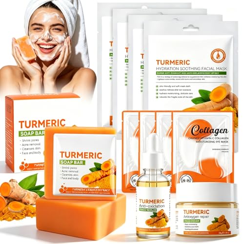 Turmeric Soap Bar & Face Cream Set: 2 Turmeric Soaps Face Cream Under Eye Patches Turmeric Serum 4 Face Masks Cleanses Skin Evens Tone Brightening & Glow Kit