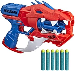NERF DinoSquad Raptor-Slash Dart Blaster, 6-Dart Rotating Drum, Slam Fire Action, 6 Official Elite Darts, Velociraptor Dinosaur Design