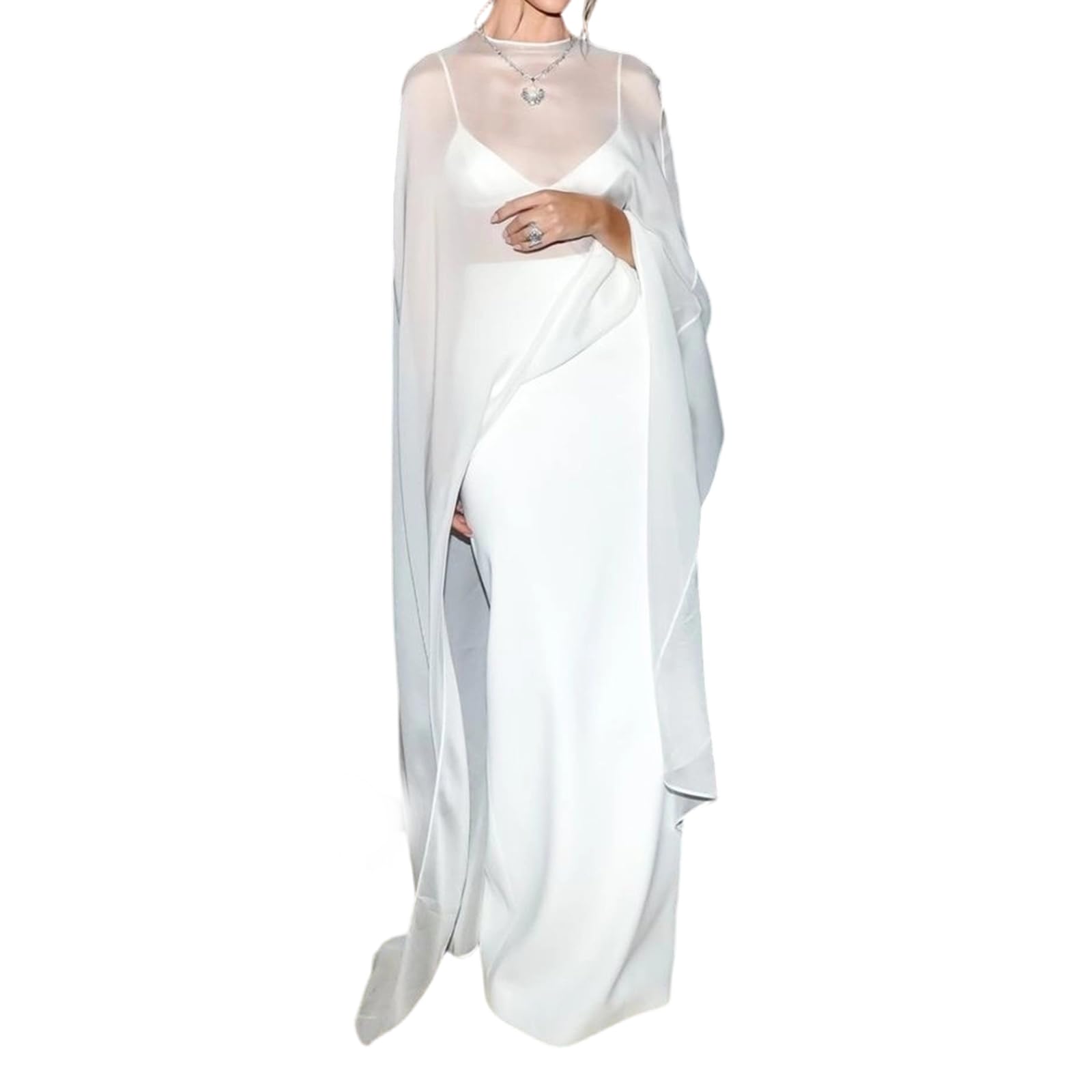 Photo 1 of Women Long Chiffon Shawl For Evening Dresses Mesh Sheer Cape Shrug Cover Up Dress Party Poncho Top Beach Vacation Elegant Flowy Aesthetic Wedding See Through Capelet (White, One Size)