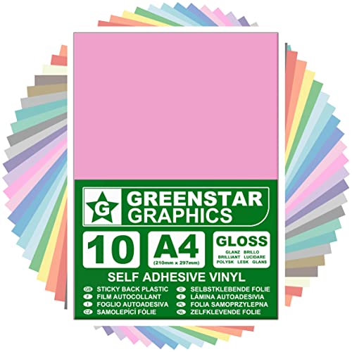 GREENSTAR GRAPHICS® A4 Kleverige achterkant Plastic Zelfklevend Craft Vinyl (10 vel Pack) Kunst & Ambachten, Stickers, DIY. Compatibel met 12