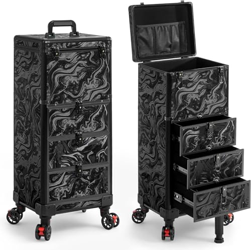 Image of Rolling Makeup Train Case with Drawers Cosmetology Case on Wheels | 4 in 1 Large Cosmetic Organizer for Hairstylist,Makeup Artist Nail Trolley Cart Salon Storage Traveling Cart Trunk