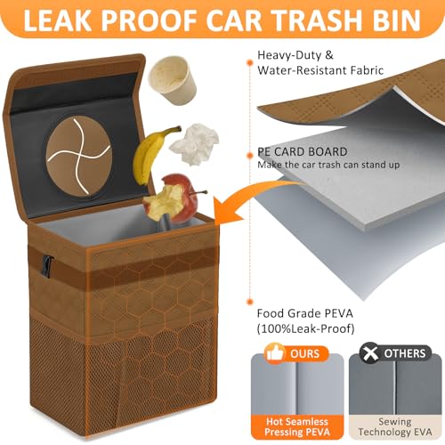 Image of Vankor Car Trash Can for Car Cute, Car Trash Bag Bin Hanging Waterproof Automotive Car Garbage Cans Leak Proof Vehicle Trash Can Diamond Pattern-Brown