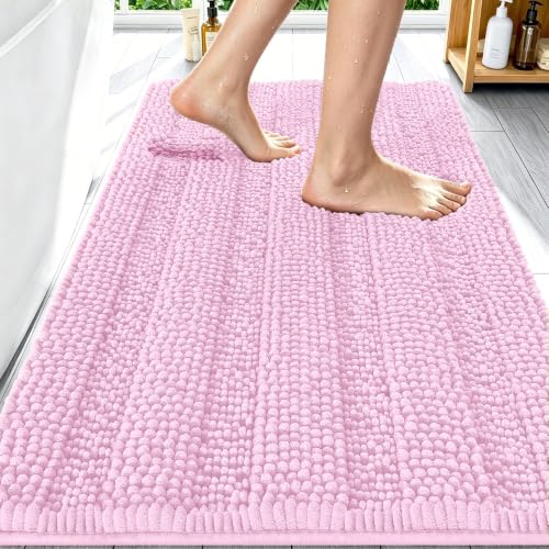 Image of Smiry Thick Chenille Bathroom Rugs 30x20, Extra Soft Absorbent Striped Bath Mat, Machine Washable, Rubber Backing, Bath Rugs for Bathroom, Tub & Shower, Modern Home Decor Accessories, Pink