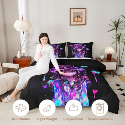 Image of Erosebridal Mushroom Girl Comforter Set for Kids Boys Girls 3D Japanese Girly Bedding Watercolor Graffiti Duvet Set Cute Anime Gifts Comforter Full with 2 Pillowcases