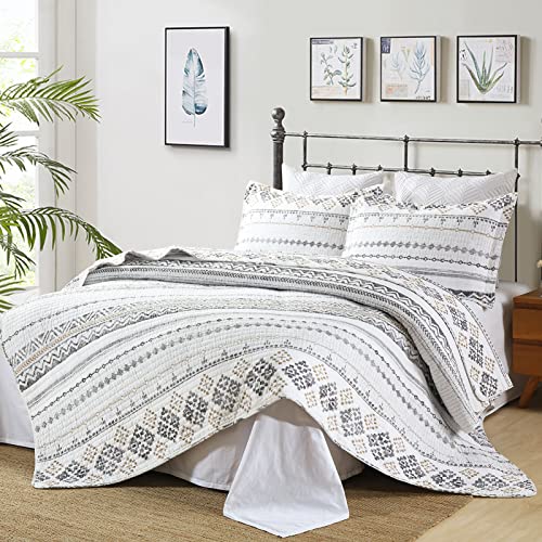Finlonte Quilt Boho Quilt Set Boho Bedding Bedspreads Queen Size, 3 Pcs White Grey Bohemian Quilt Set With Striped Printed For All Season #TOP1