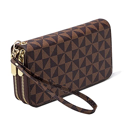 Veki Women's Wallet Double Zipper Pocket Wallets with Wrist Strap, Leather Credit Card Purse for Women Men (Brown)