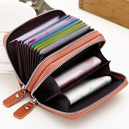 Genuine Leather Unisex Credit Card Holder Wallets for Women Double Zipper Card Bag (Khaki)2