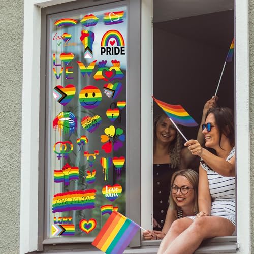 Image of 62 PCS Gay Pride Window Clings, 9 Sheets Pride Decorations, Double-Sided Rainbow Window Clings with Progress Flag Equality Love Motifs, LGBT Stickers for Lesbian Pansexual Bisexual Home Decor