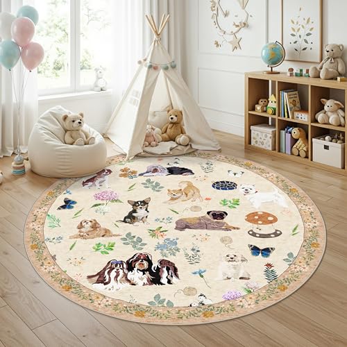 Tapis rond lavable 6ft pour chambre et salon, antidérapant, résistant aux taches, beige/chien