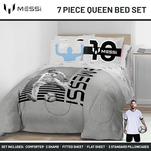Image of Jay Franco Kids Comforter Set Includes Sheets and Pillow Cover - Soft and Cozy Bed Set for Stylish Room Decor, Grey - Messi, 7 Piece Queen