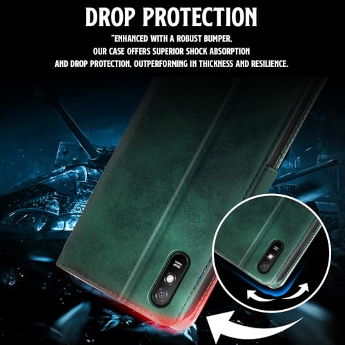 Image of WOW IMAGINE Shock Proof Flip Cover Back Case for Xiaomi Mi Redmi 9A | 9i | 9A Sport (Magnetic Button Flip Case | Wallet Pockets & Stand | Leather Finish | Forest Green)