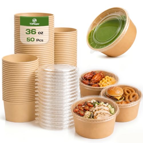 TOPtoper 36Oz 50Pcs Large Paper Bowls with Lids, Disposable Soup ...