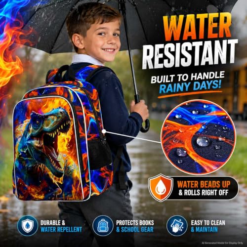 Image of 17 inch Dinosaur Backpack for Boy, 3Pcs Fire Bookbag for Elementary Preschool Kindergarten, Kids School Backpacks with Lunch Box (Red)