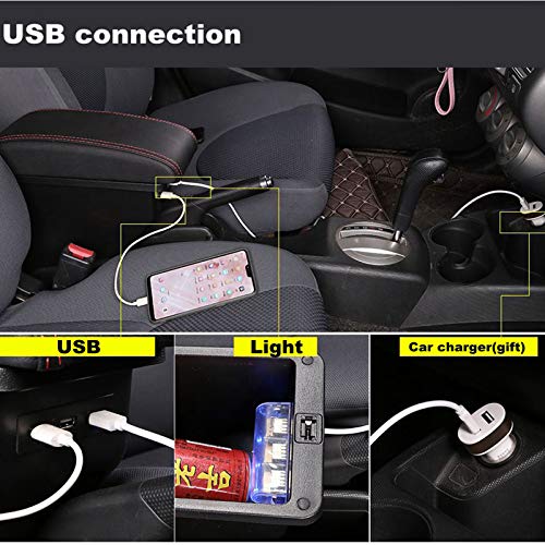 Image of YJYWZH Double Layer Armrest Box for Honda Fit Jazz 2009-2013 Car Interior Storage Center Console with 3 USB Port Black (Black with Black Thread)