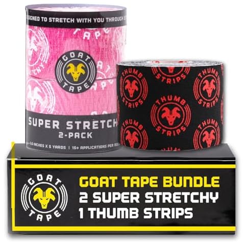 Goat Tape Pink Super Stretchy Premium Thumb Tape and Pre Cut Black Athletic Tape for Fingers - Extra Sticky Elastic Athletic Thumb Tape for Weightlifting Cover