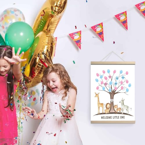 Image of QZCYU Gender Reveal Party Decorations, Gender Reveal Fingerprint Tree with Safari Animals, Baby Shower Guest Book, Canvas Thumbprint Hanging Paintings
