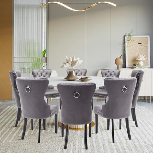 YU YUSING Lot de 8 Chaises de Salle à Manger Capitonnées en Velours, Chaises de Cuisine Rembourrées en Bois Massif avec Pieds en Chêne, Chaise Salon Design...